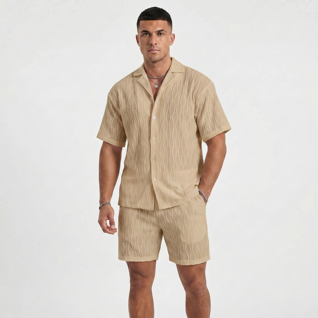 Men's Textured Co Ord Set - Revere Collar Shirt Shorts