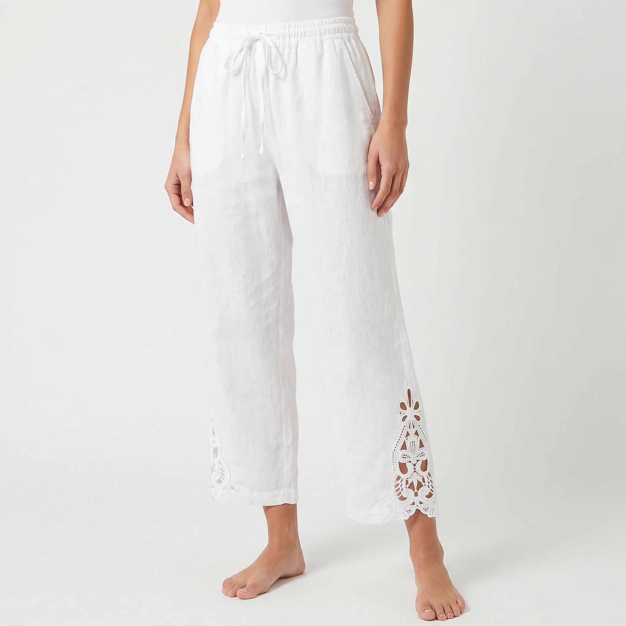 Linen Pants - Wide Leg Lace Trim Drawstring
