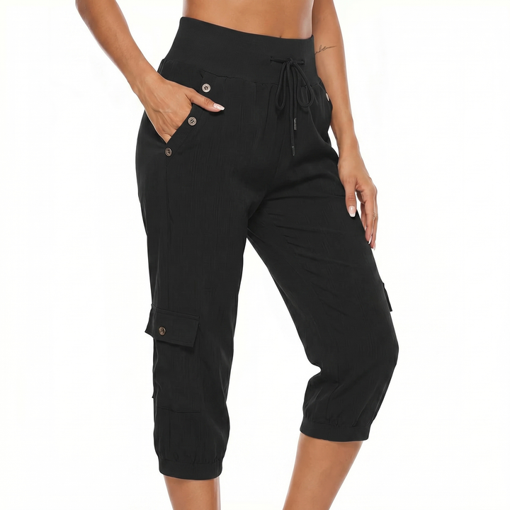 Cargo Capri Pants - High Waist Drawstring Pockets