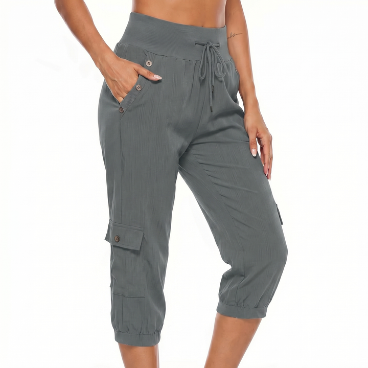 Cargo Capri Pants - High Waist Drawstring Pockets