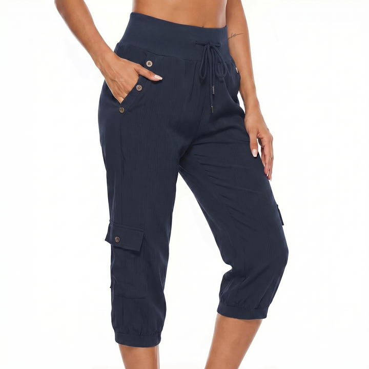Cargo Capri Pants - High Waist Drawstring Pockets