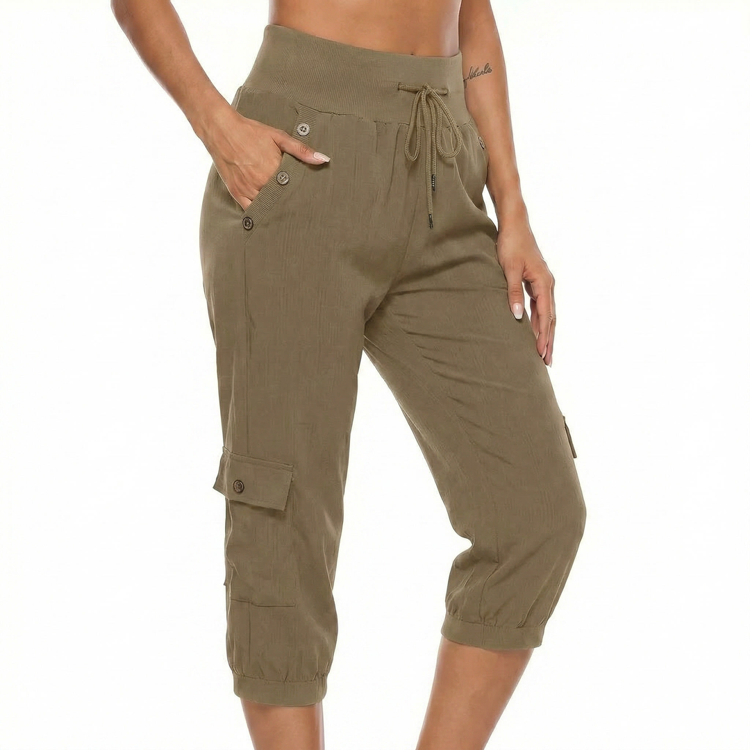 Cargo Capri Pants - High Waist Drawstring Pockets