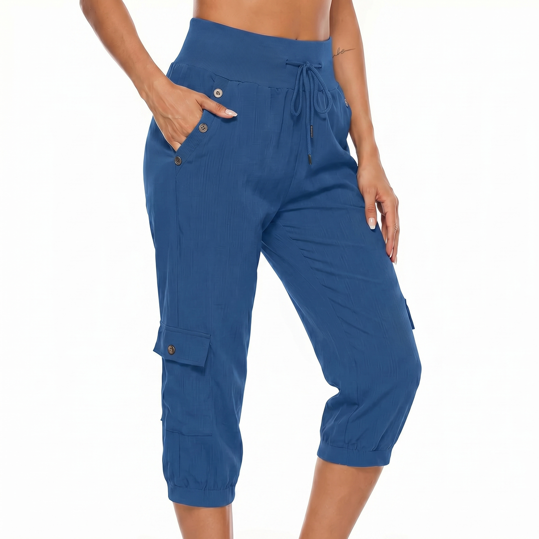 Cargo Capri Pants - High Waist Drawstring Pockets