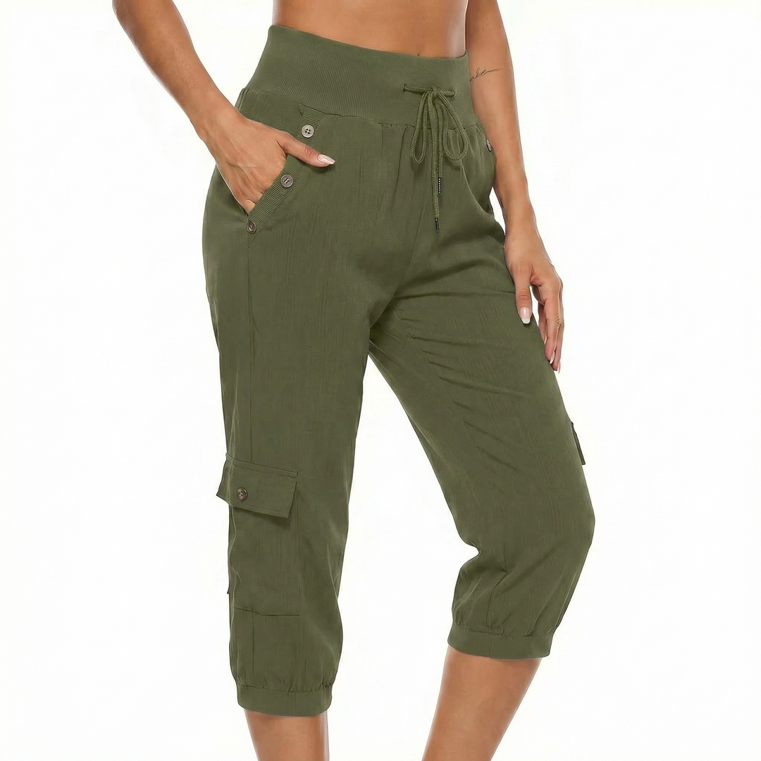 Cargo Capri Pants - High Waist Drawstring Pockets