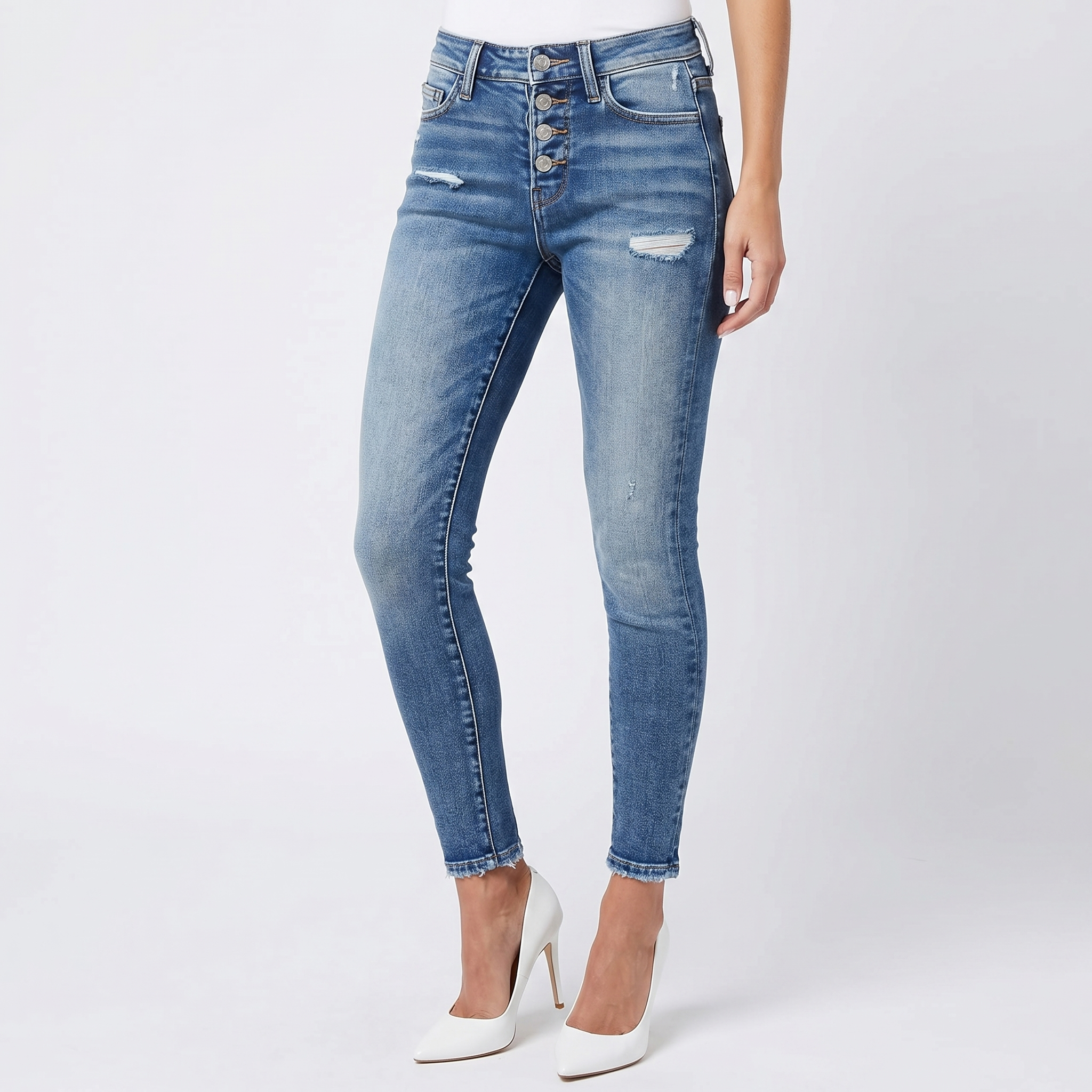 Skinny Jeans - High Waist Button Fly Distressed