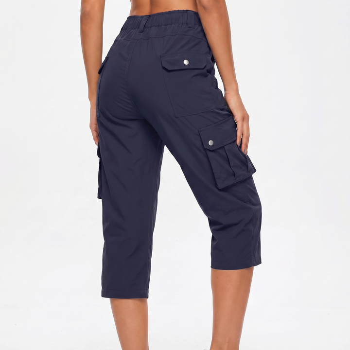 Cargo Capri Pants - Elastic Waist Snap Pocket
