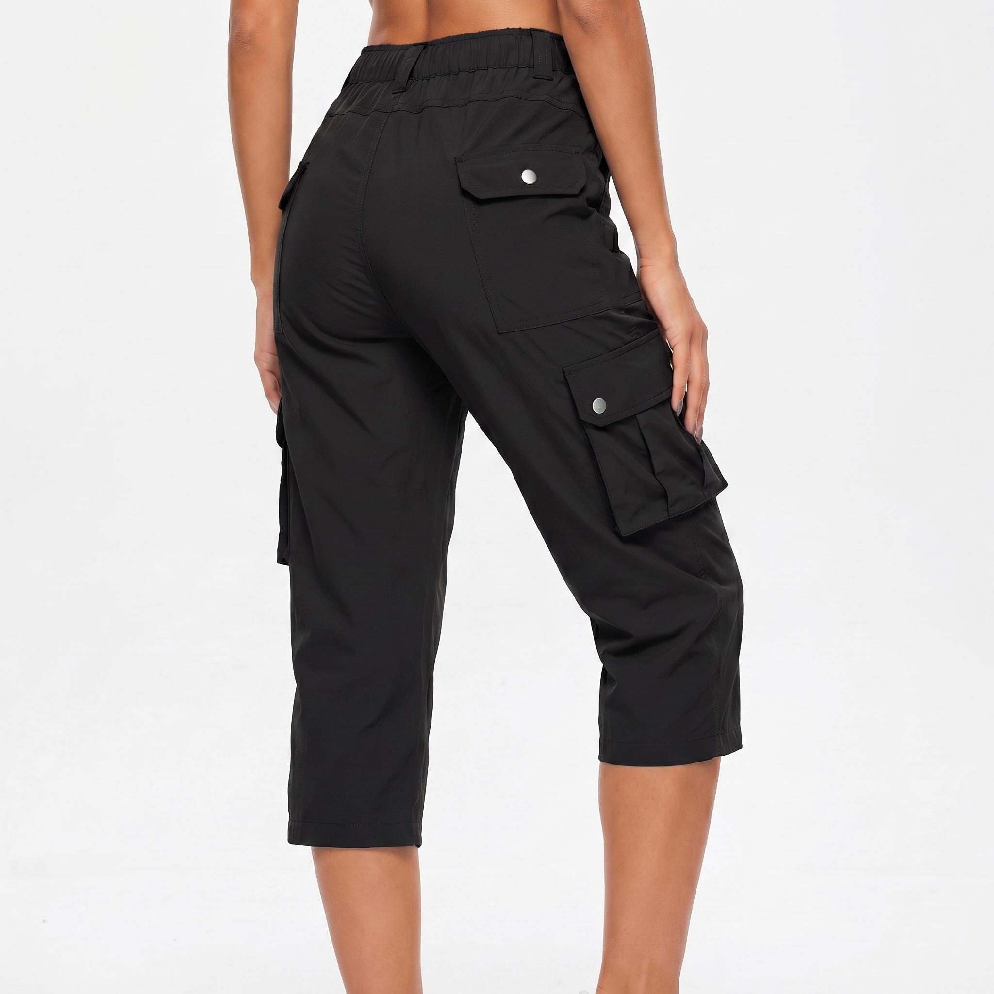 Cargo Capri Pants - Elastic Waist Snap Pocket