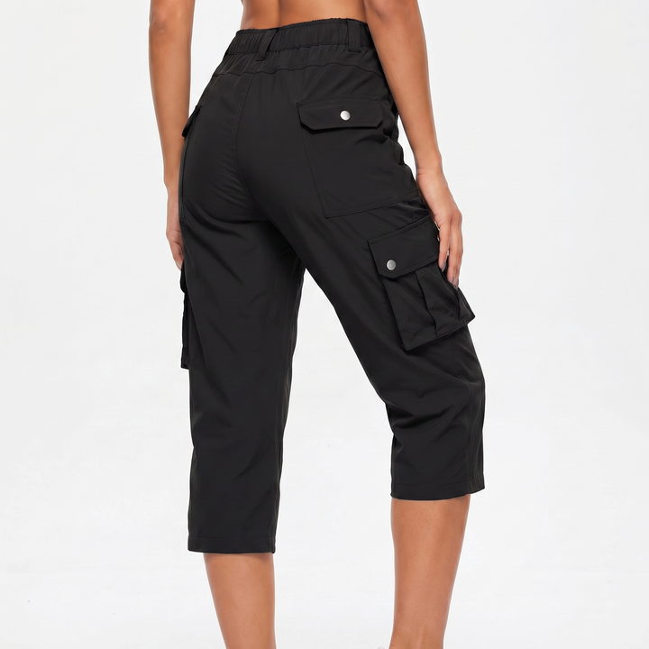 Cargo Capri Pants - Elastic Waist Snap Pocket