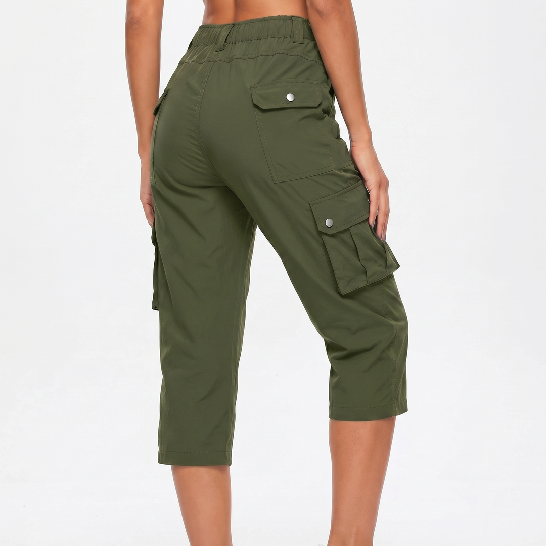 Cargo Capri Pants - Elastic Waist Snap Pocket