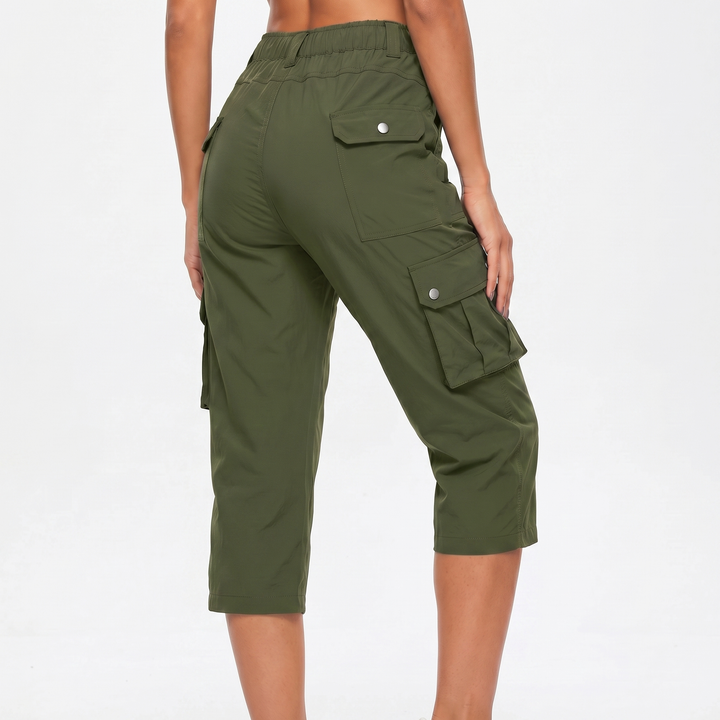 Cargo Capri Pants - Elastic Waist Snap Pocket