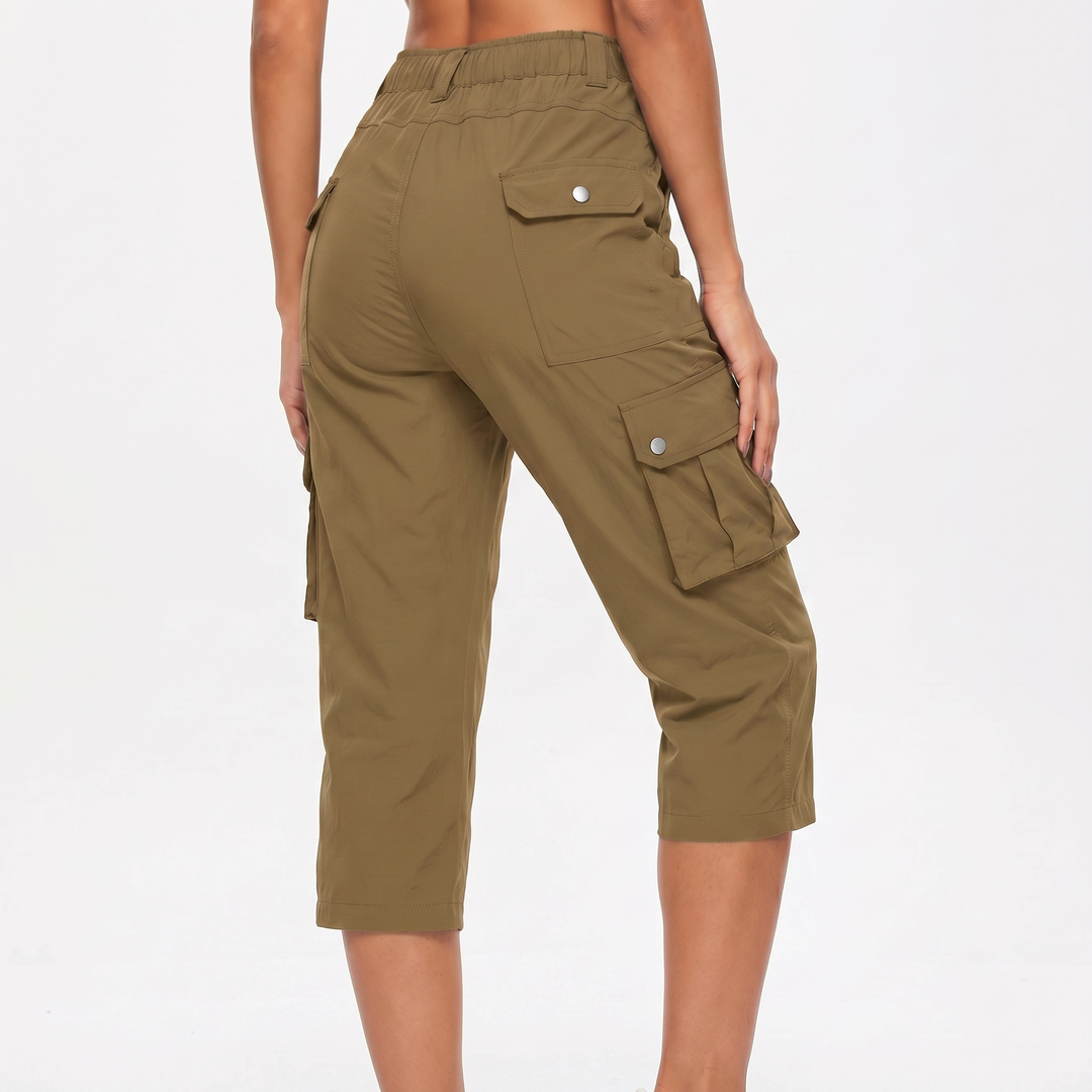Cargo Capri Pants - Elastic Waist Snap Pocket