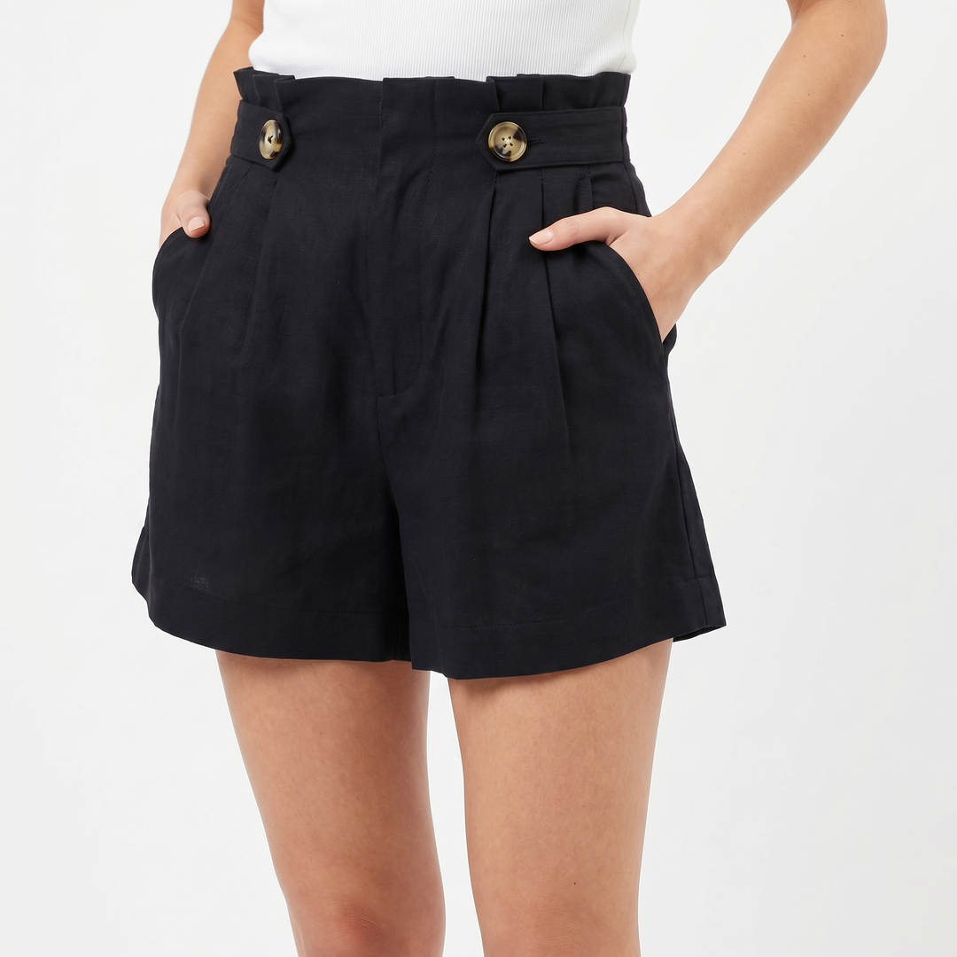 High Waist Shorts - Pleated Wide Leg Button Detail