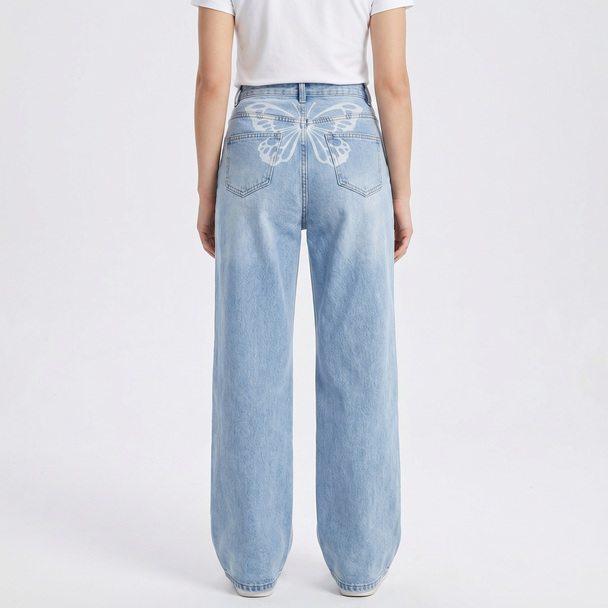 Butterfly Print Wide Leg Jeans - High Waisted Baggy Denim Pants
