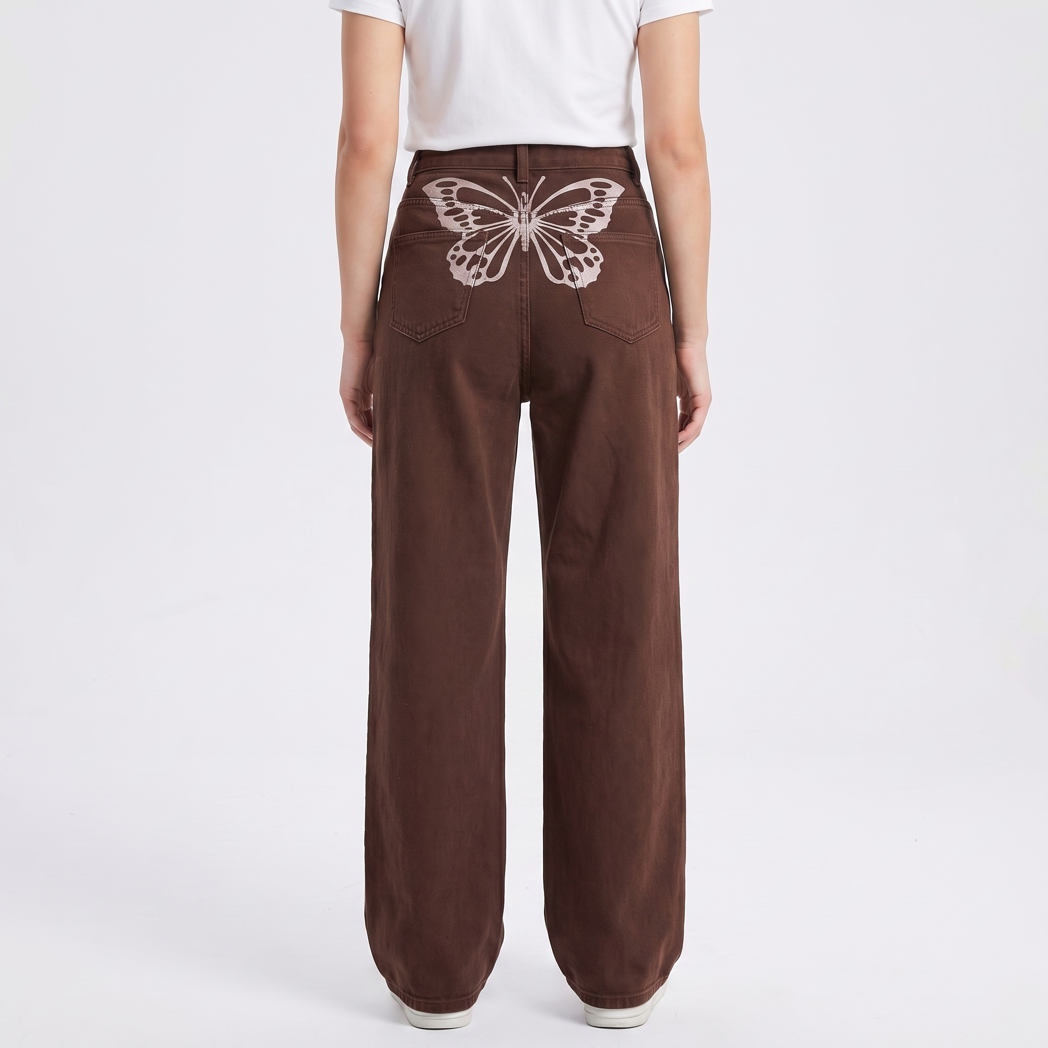 Butterfly Print Wide Leg Jeans - High Waisted Baggy Denim Pants