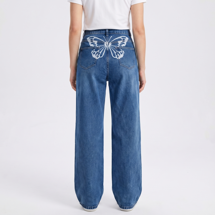 Butterfly Print Wide Leg Jeans - High Waisted Baggy Denim Pants
