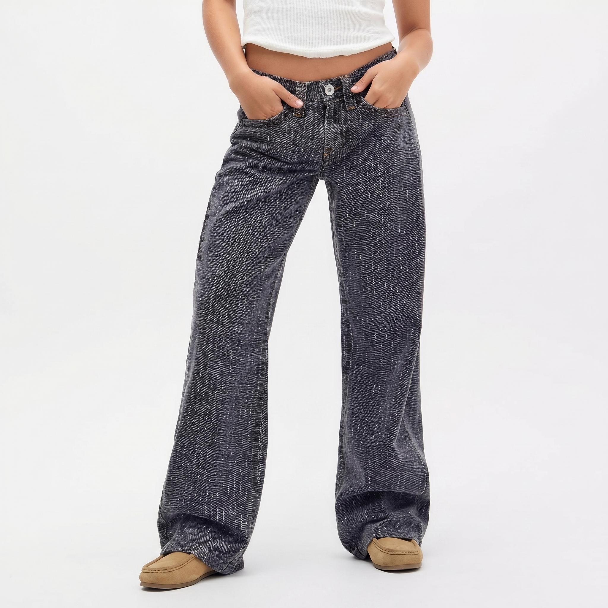Pinstripe Straight Leg Jeans - High Waisted Relaxed Fit Denim