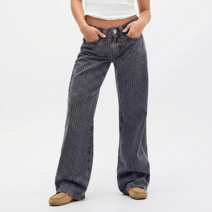 Pinstripe Straight Leg Jeans - High Waisted Relaxed Fit Denim