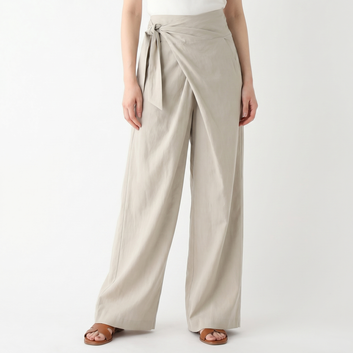 Linen Wrap Pants Women - High Waisted Tie Front Wide Leg