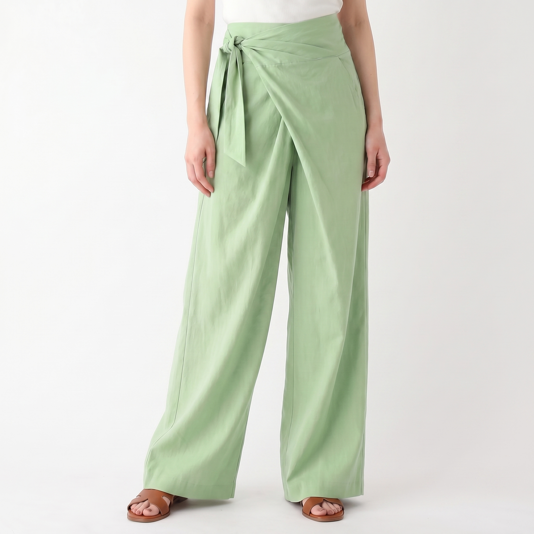 Linen Wrap Pants Women - High Waisted Tie Front Wide Leg