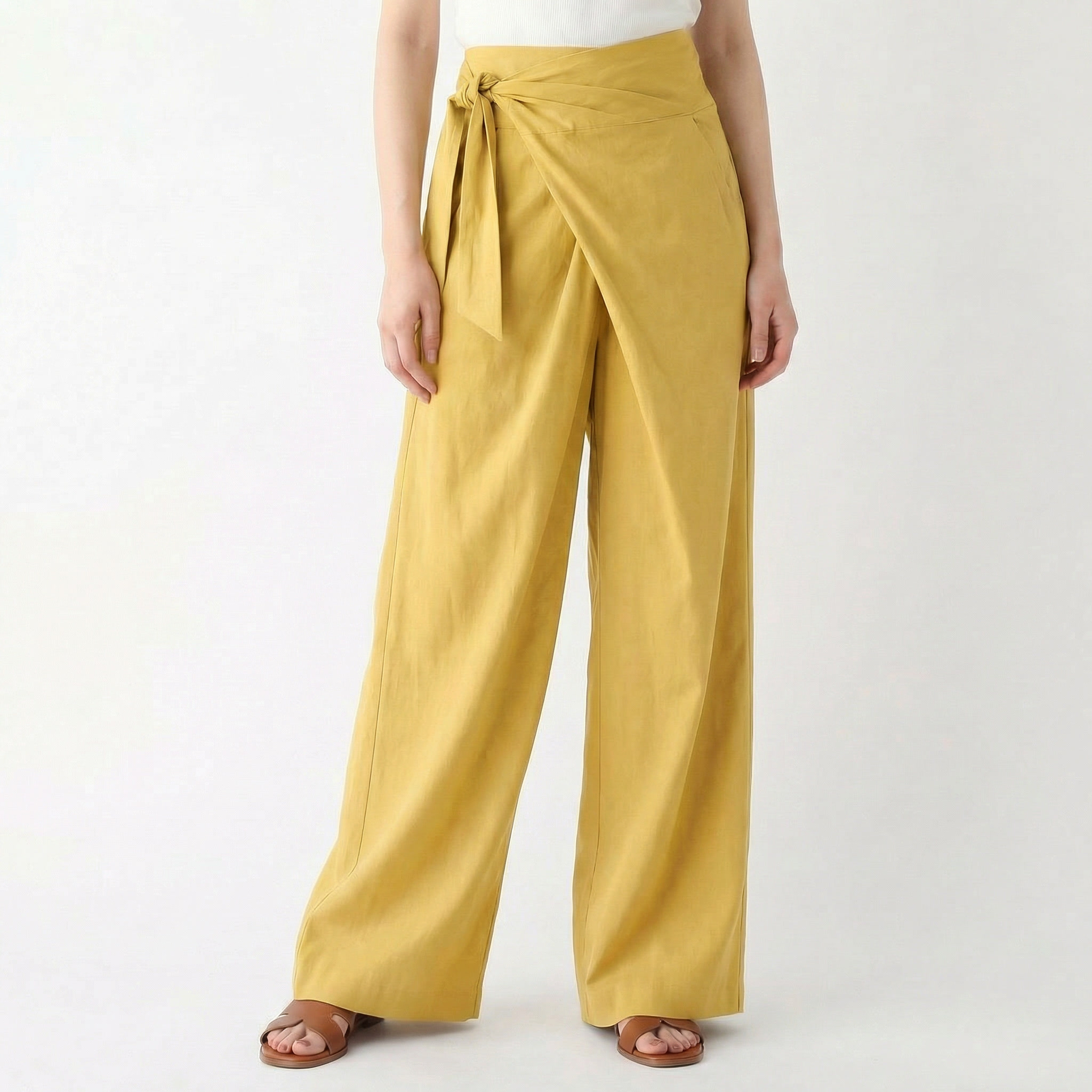 Linen Wrap Pants Women - High Waisted Tie Front Wide Leg