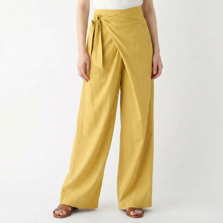 Linen Wrap Pants Women - High Waisted Tie Front Wide Leg