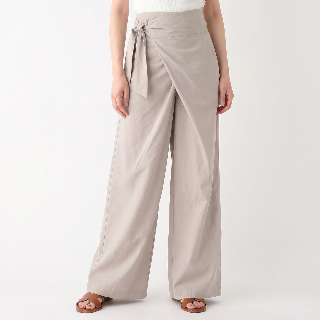 Linen Wrap Pants Women - High Waisted Tie Front Wide Leg
