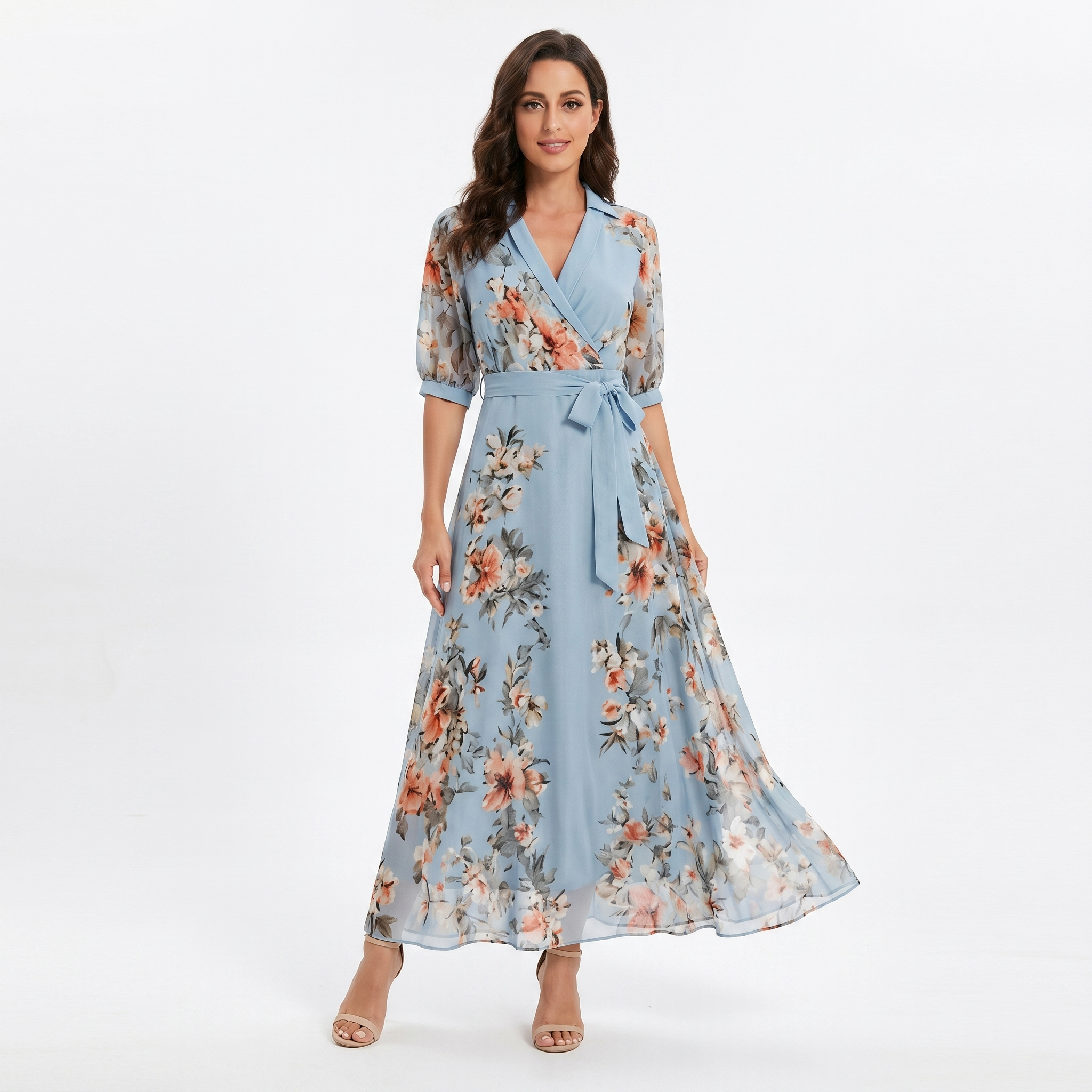 Floral Wrap Maxi Dress - V Neck Tie Waist Chiffon Summer Dress