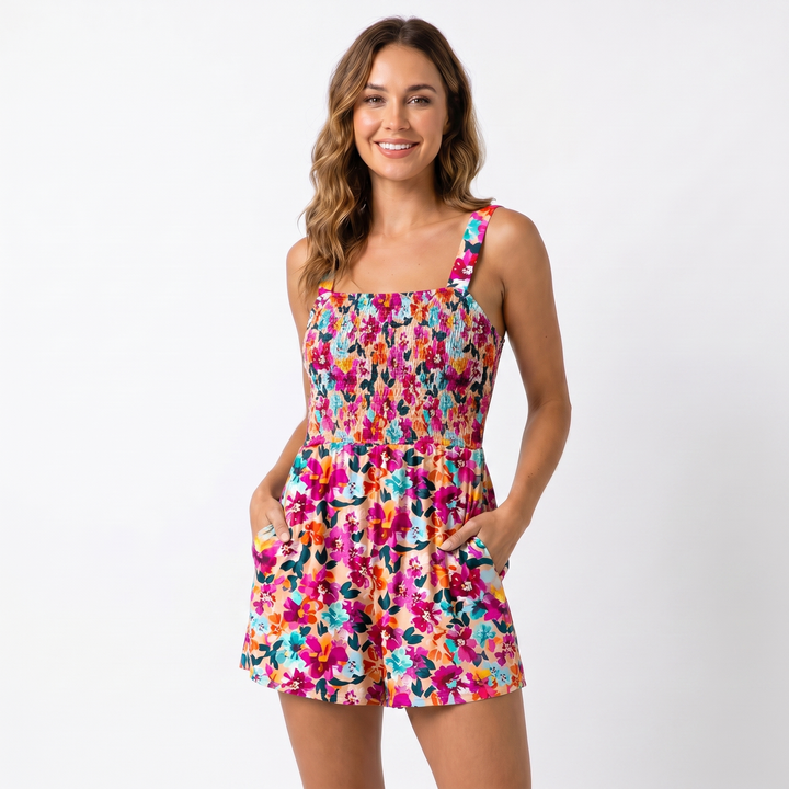Floral Romper Women - Smocked Square Neck Summer Playsuit