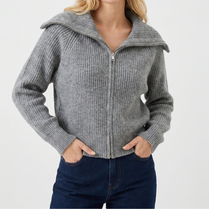Women's Oversized Ribbed Zip-Up Spread Collar Knit Cardigan