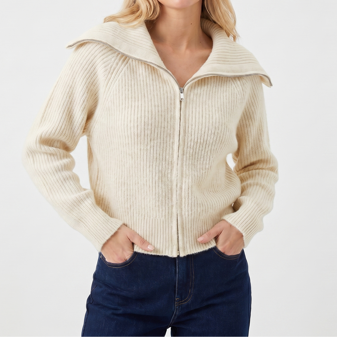 Women's Oversized Ribbed Zip-Up Spread Collar Knit Cardigan