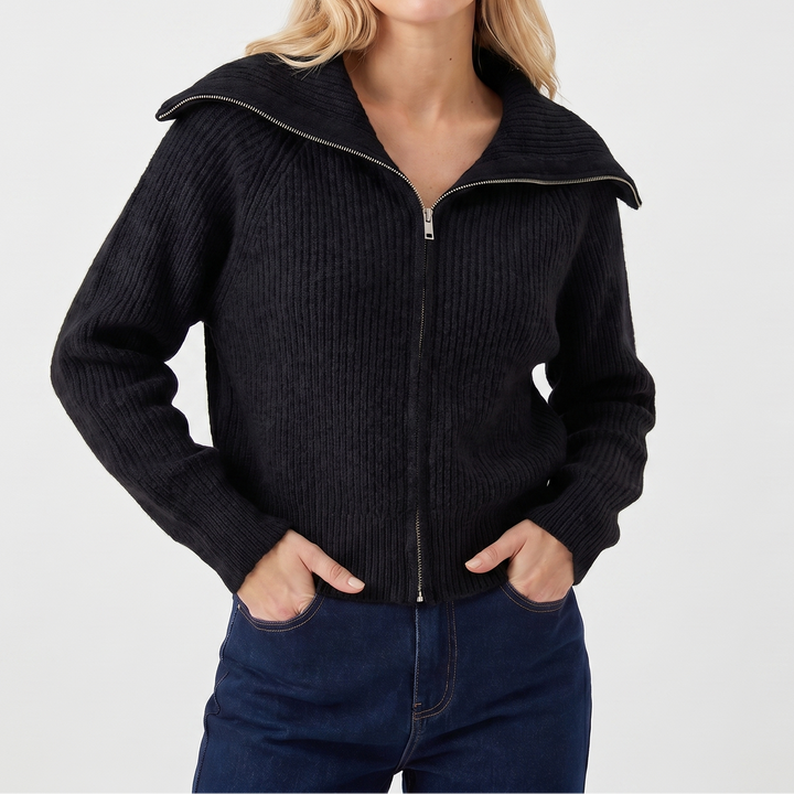 Women's Oversized Ribbed Zip-Up Spread Collar Knit Cardigan
