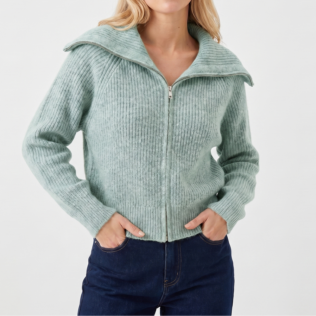 Women's Oversized Ribbed Zip-Up Spread Collar Knit Cardigan