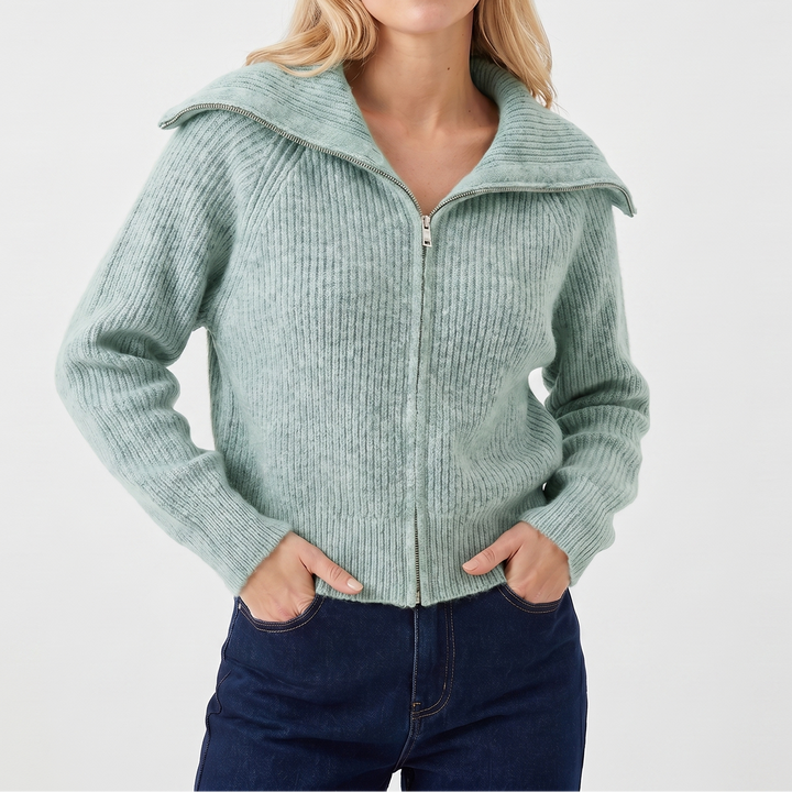 Women's Oversized Ribbed Zip-Up Spread Collar Knit Cardigan
