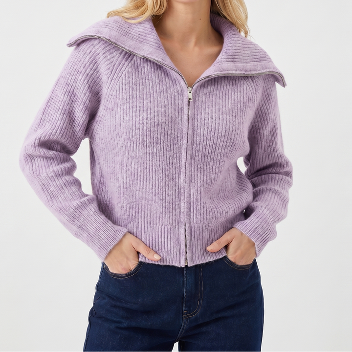 Women's Oversized Ribbed Zip-Up Spread Collar Knit Cardigan