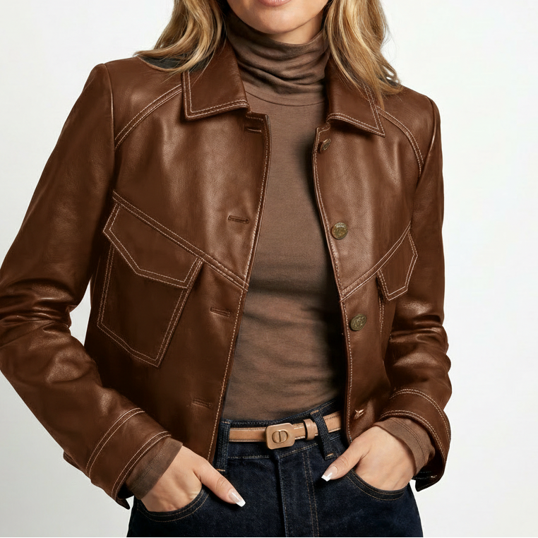 Women's Vintage Cropped Contrast Stitch Faux Leather Jacket