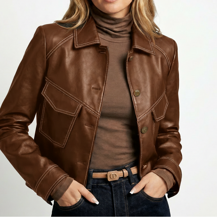 Women's Vintage Cropped Contrast Stitch Faux Leather Jacket
