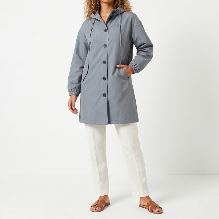 Women's Hooded Mid-Length Button Up Trench Coat – Casual Waterproof Windbreaker