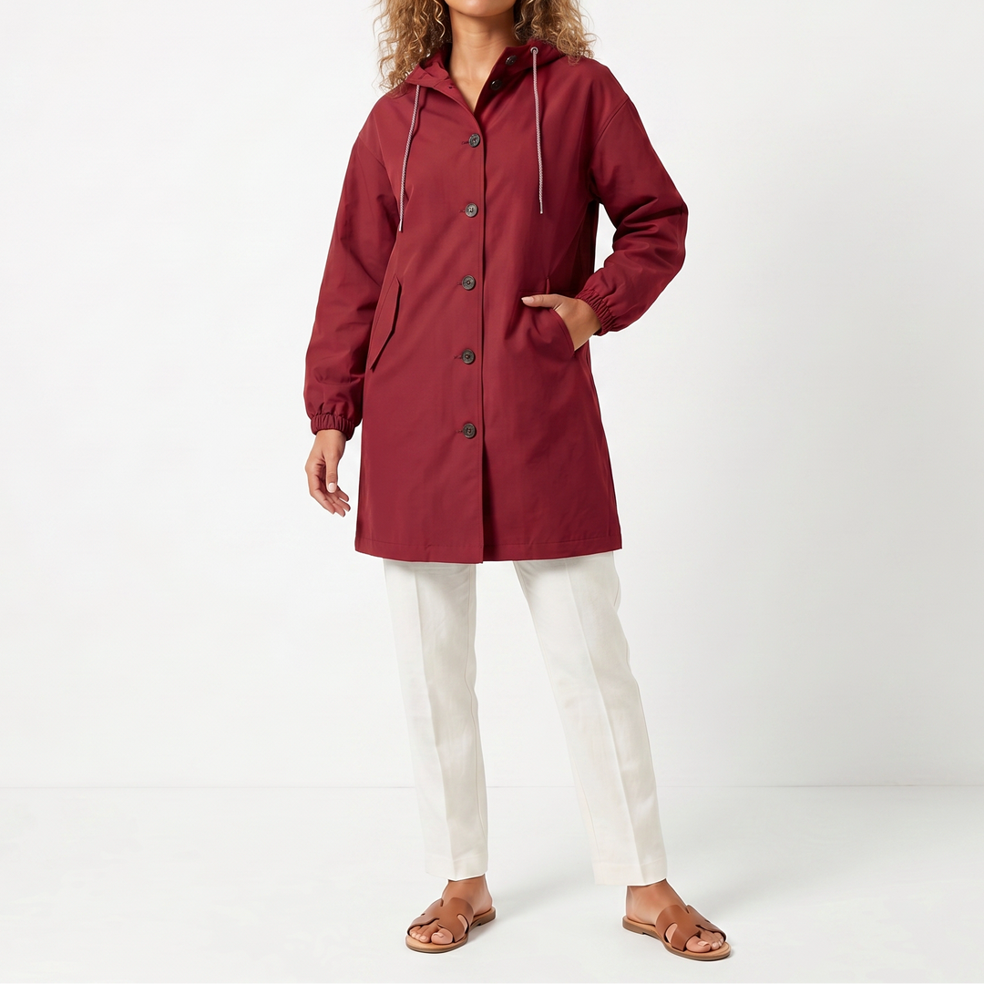 Women's Hooded Mid-Length Button Up Trench Coat – Casual Waterproof Windbreaker