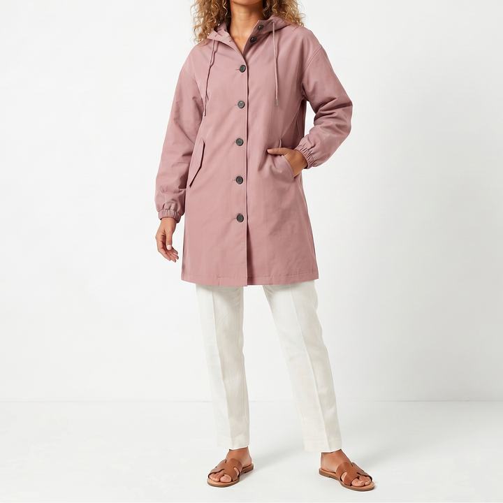 Women's Hooded Mid-Length Button Up Trench Coat – Casual Waterproof Windbreaker
