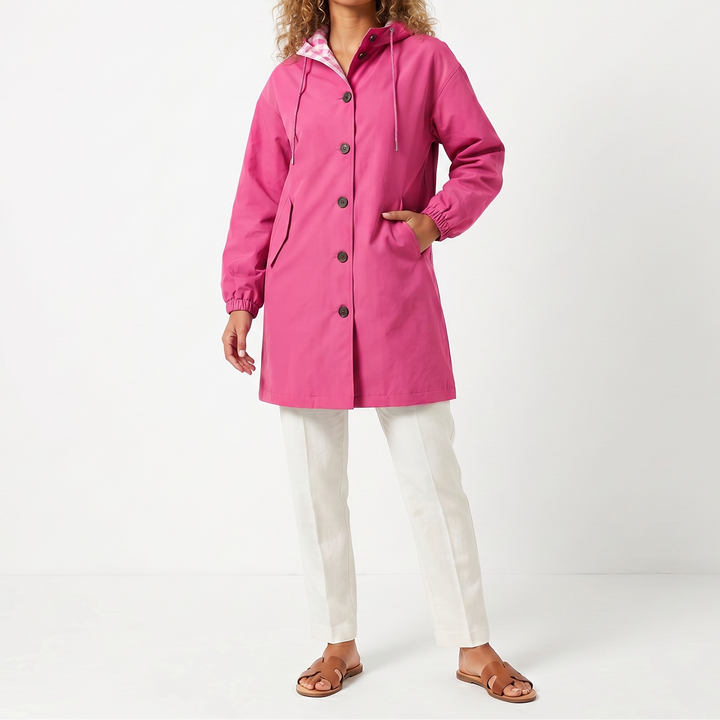 Women's Hooded Mid-Length Button Up Trench Coat – Casual Waterproof Windbreaker