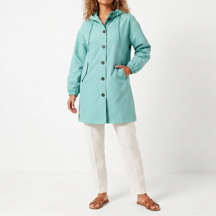 Women's Hooded Mid-Length Button Up Trench Coat – Casual Waterproof Windbreaker
