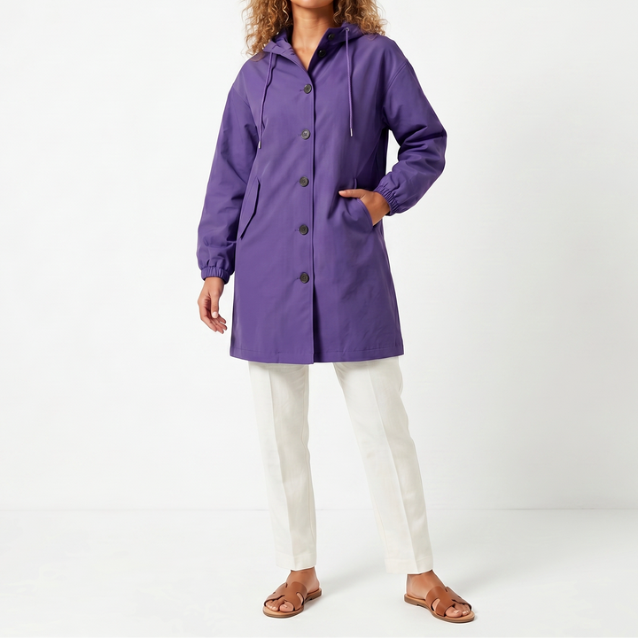 Women's Hooded Mid-Length Button Up Trench Coat – Casual Waterproof Windbreaker