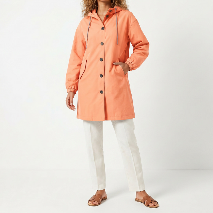 Women's Hooded Mid-Length Button Up Trench Coat – Casual Waterproof Windbreaker