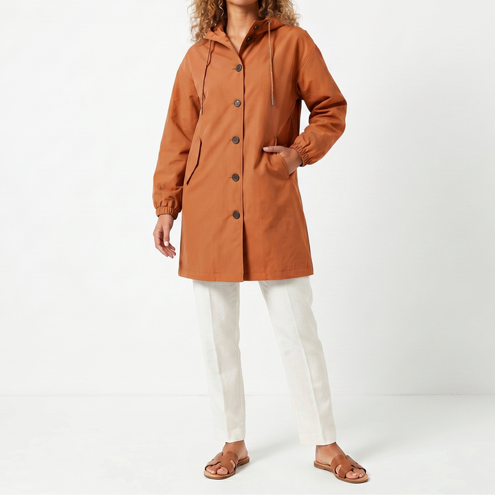 Women's Hooded Mid-Length Button Up Trench Coat – Casual Waterproof Windbreaker