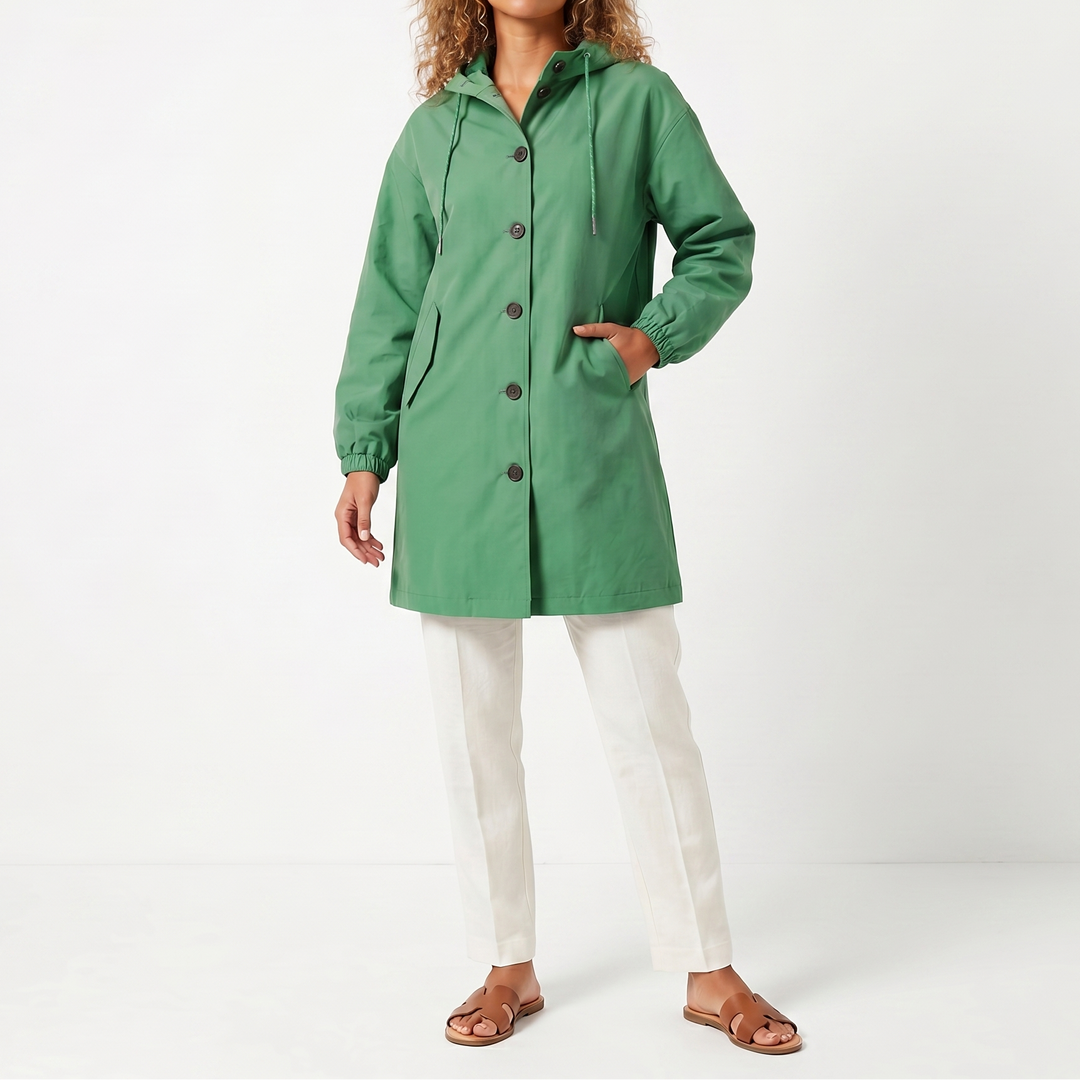Women's Hooded Mid-Length Button Up Trench Coat – Casual Waterproof Windbreaker