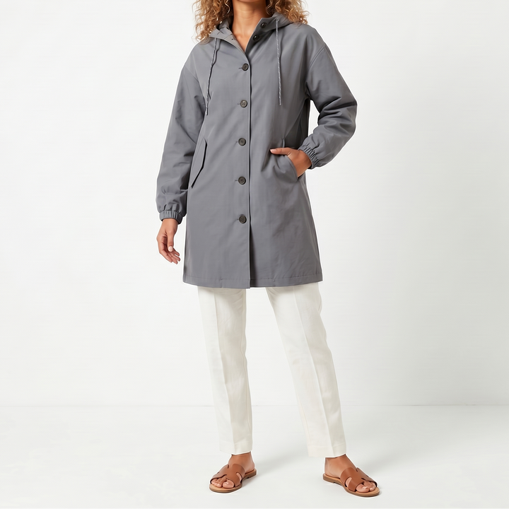 Women's Hooded Mid-Length Button Up Trench Coat – Casual Waterproof Windbreaker