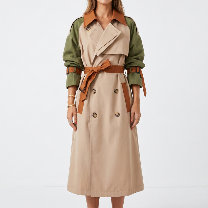 Women's Double Breasted Colour Block Belted Mid-Length Trench Coat