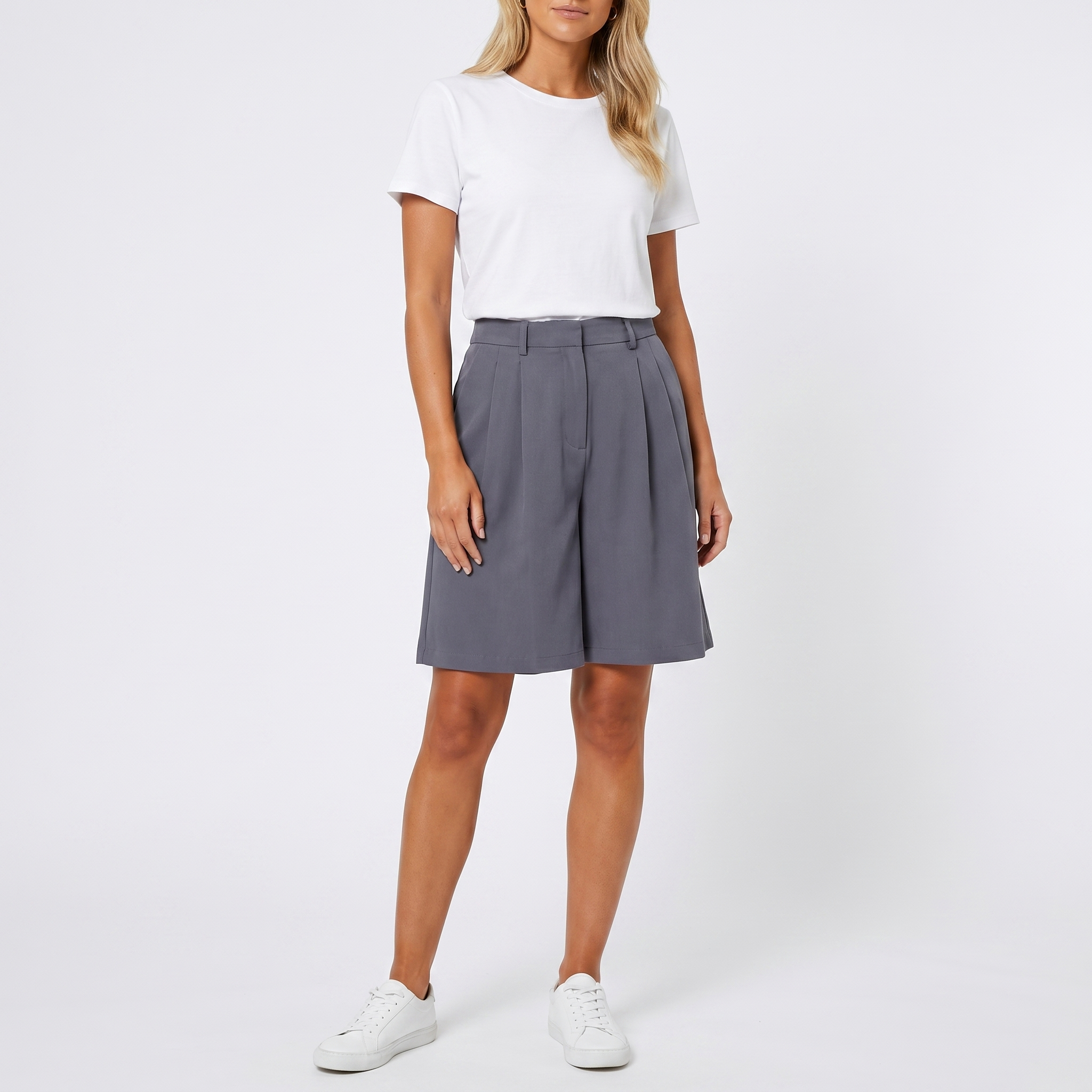 Pleated Shorts Women - High Waisted Pleated Tailored Knee Length