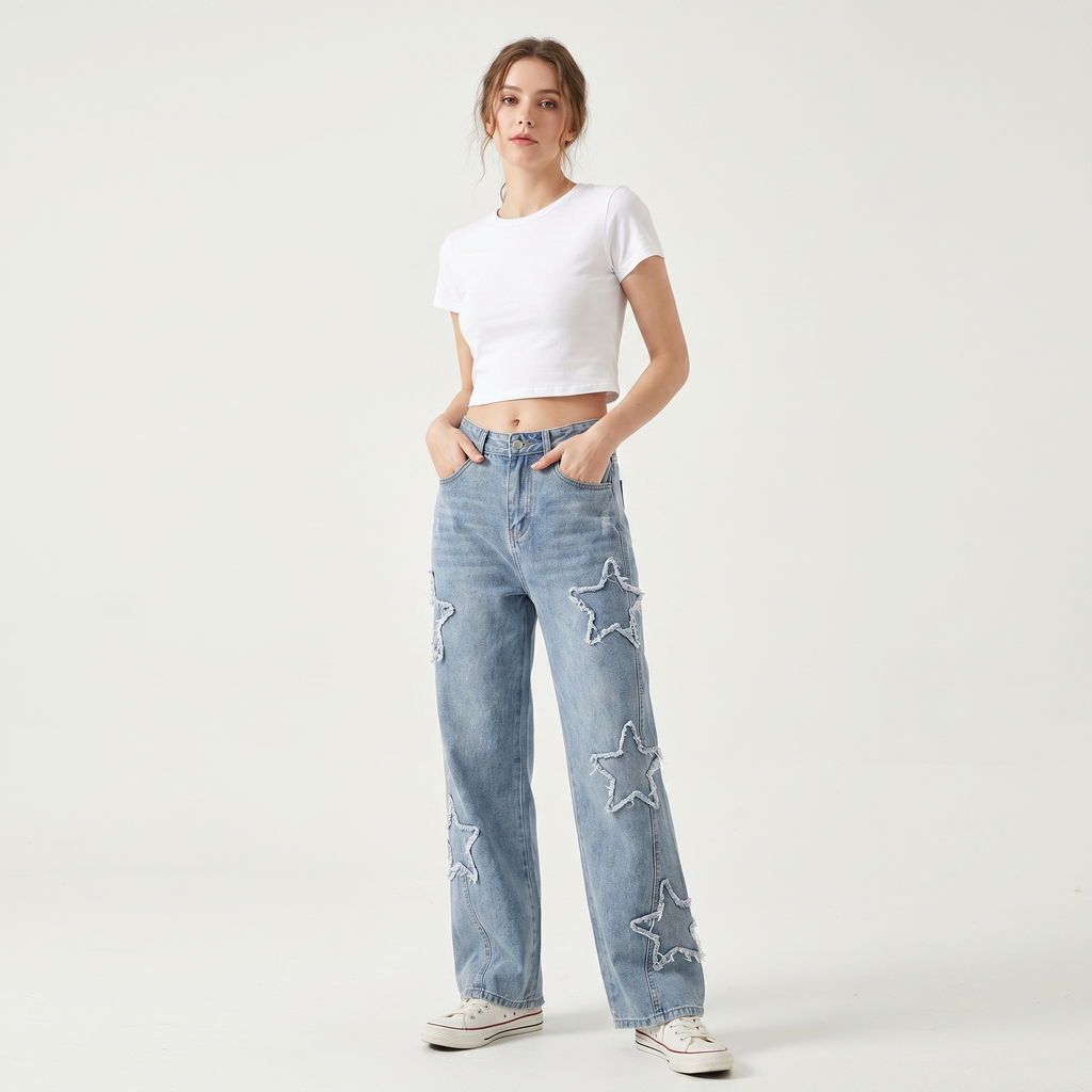 Star Patch Wide Leg Jeans - High Waisted Baggy Denim Pants
