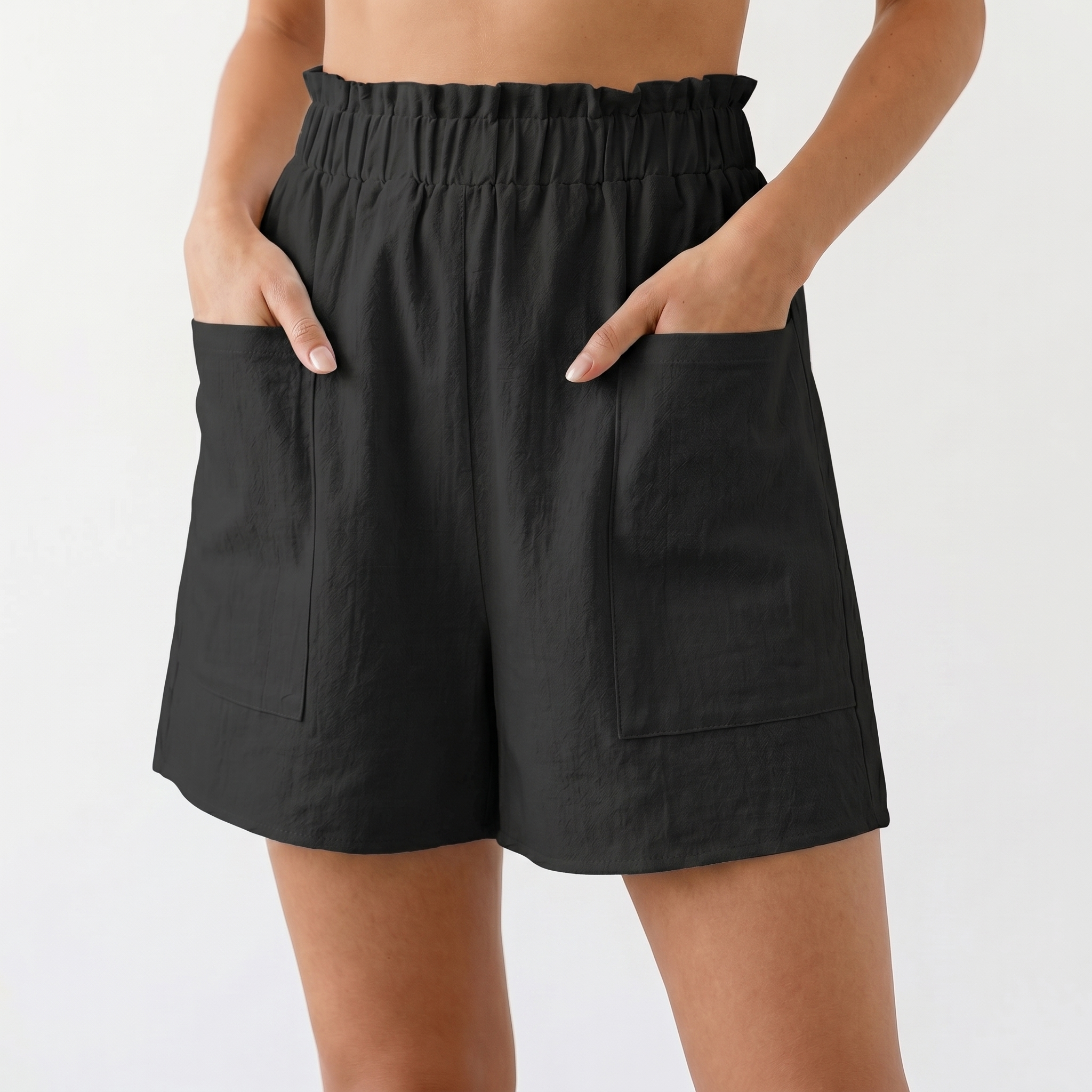 Linen Shorts Women - Elastic Paperbag Waist Pocket Summer Shorts